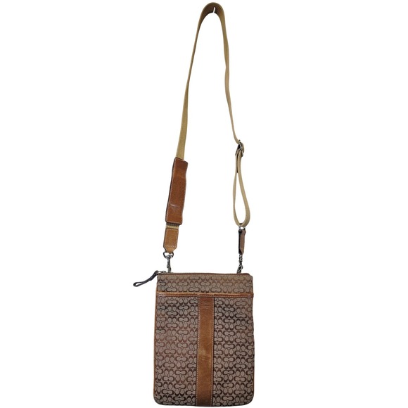 Coach Handbags - Coach Signature‎ Jacquard Crossbody Bag Tan Leather Trim Slim Messenger Brown